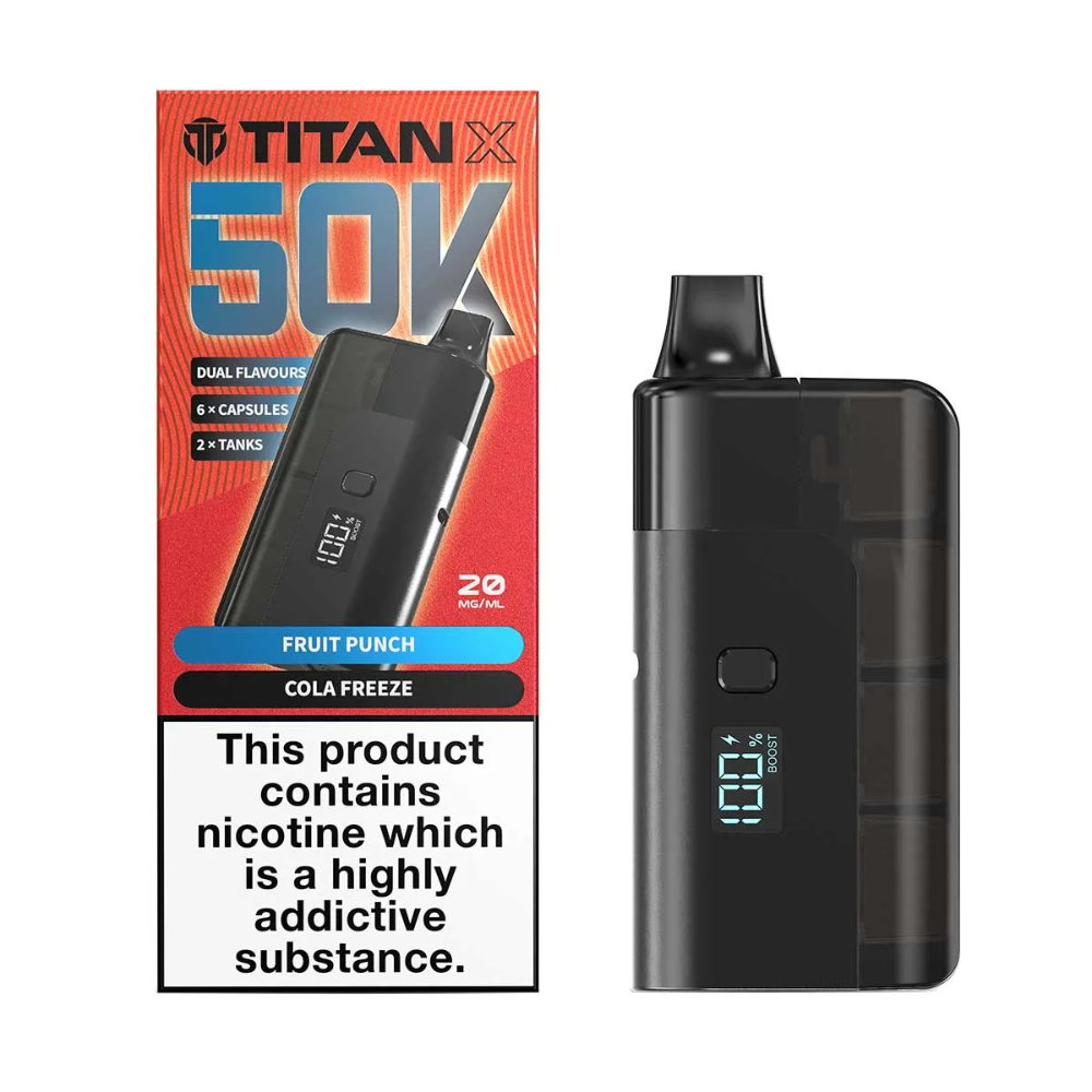 Titan X vaping device with packaging and nicotine warning label on a white background