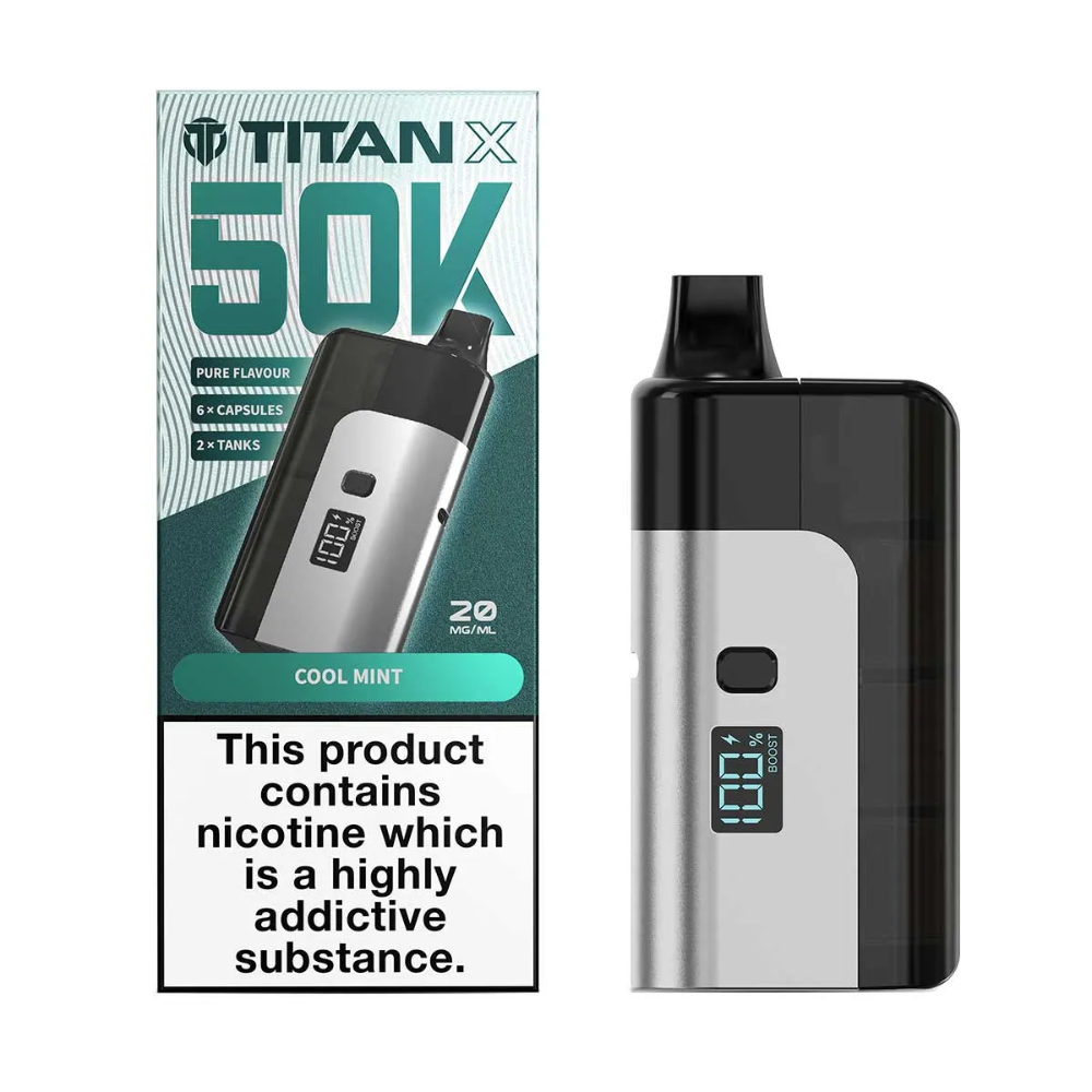 Titan X 50K vaping device with packaging on a white background