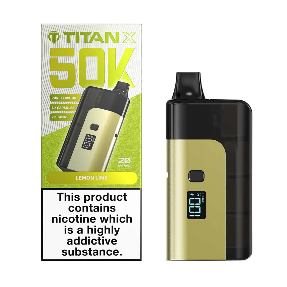 Gold and black vape device with Titan X packaging on a white background