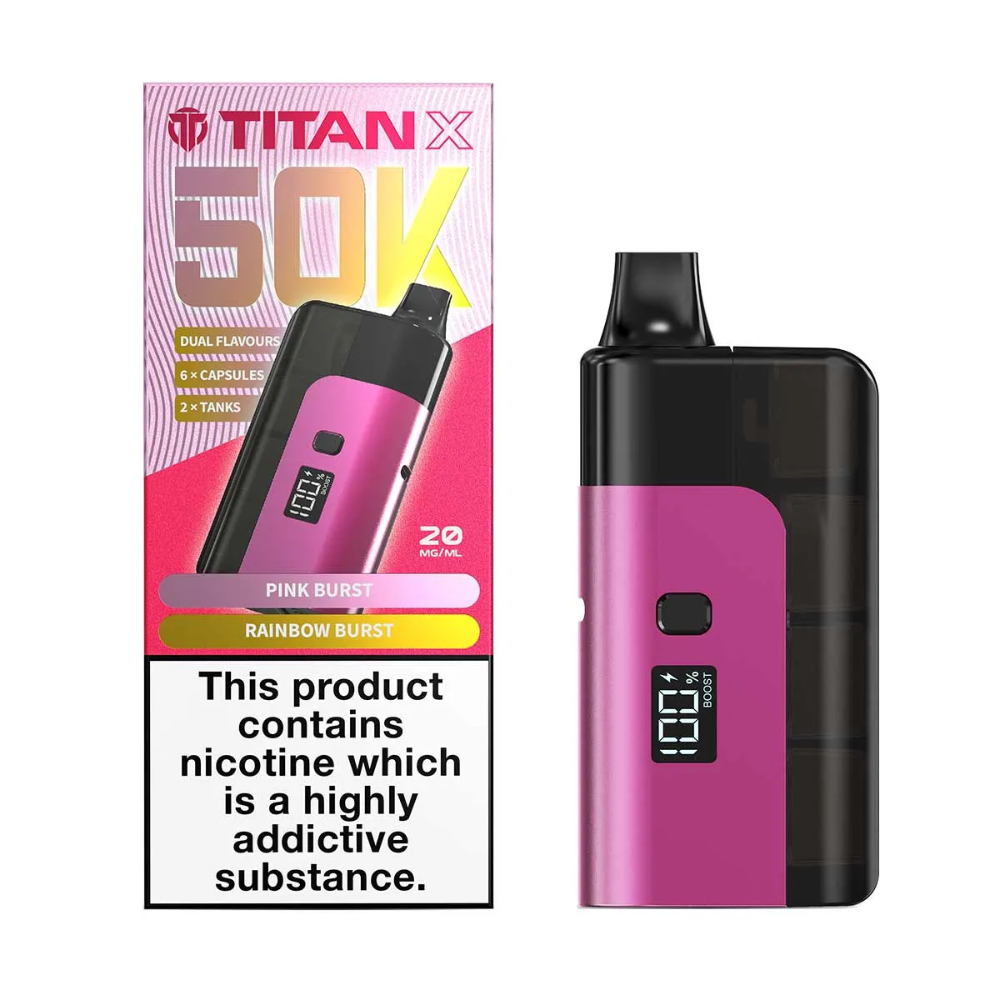 Pink and black vape device with Titan X packaging on a white background