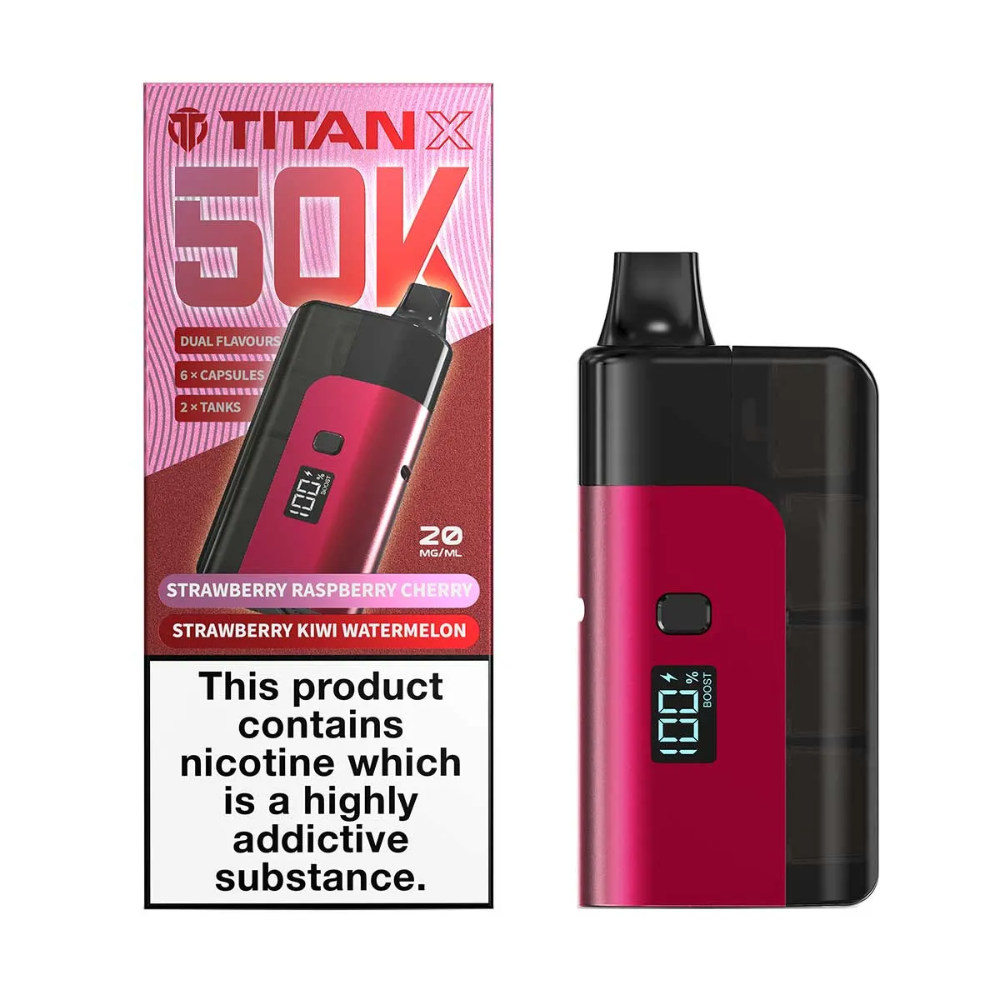 Red and black vape device with Titan X packaging and nicotine warning label on a white background