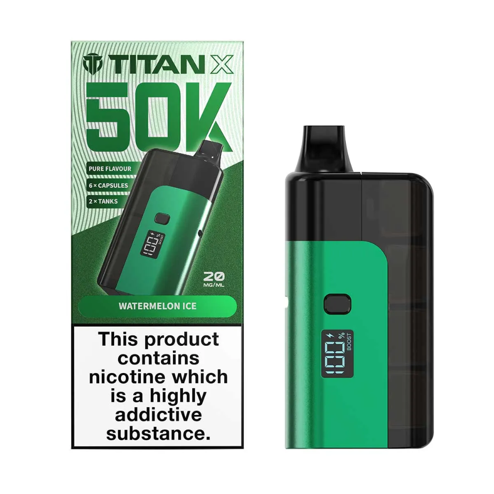 Green vape device with digital display and Titan X packaging on a white background