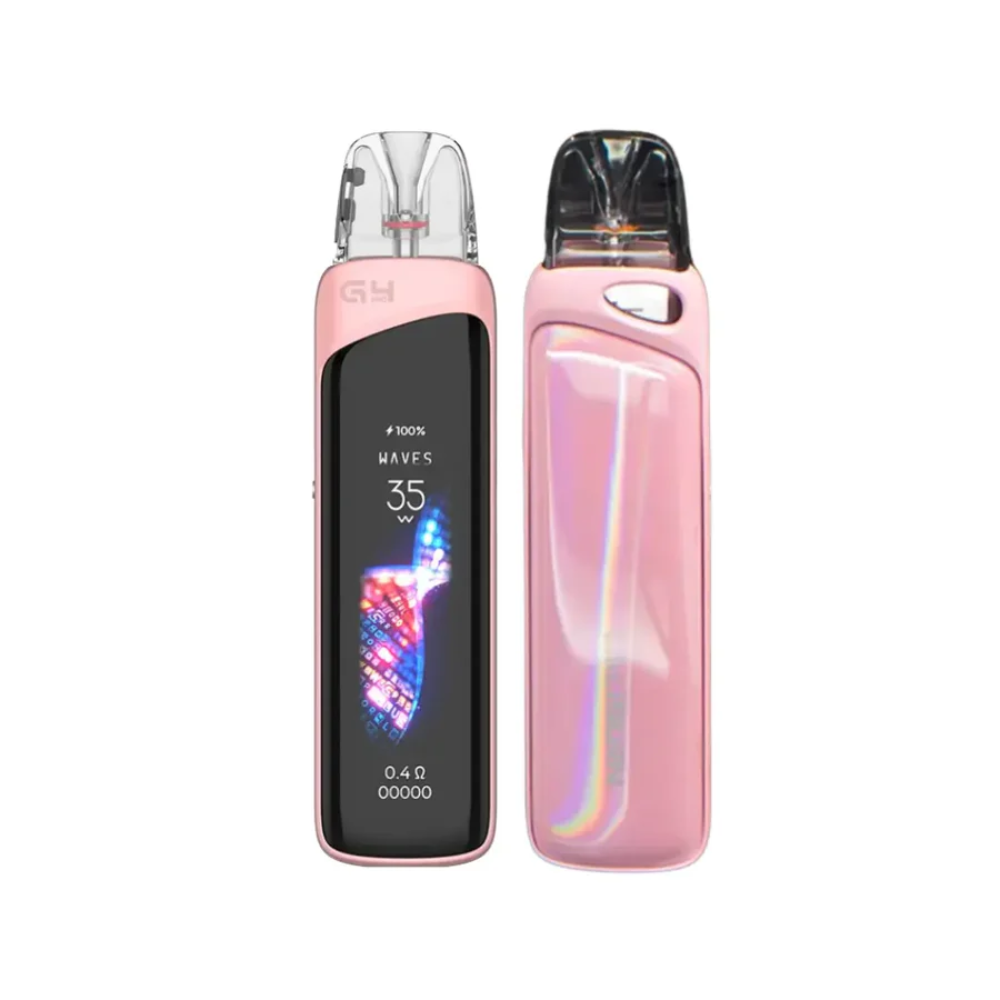 Pink vape device with digital display on a white background