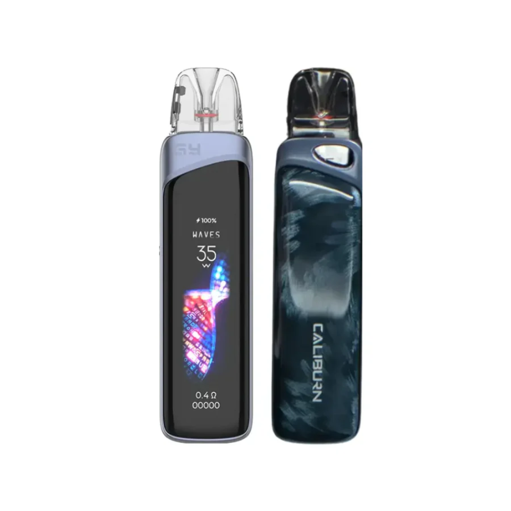 Two vaping devices, one with a digital display and the other with 'Calligaris' branding, on a white background.