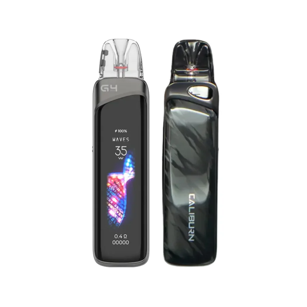 Two vape devices, one with a digital display and the other with a brand logo, on a white background.