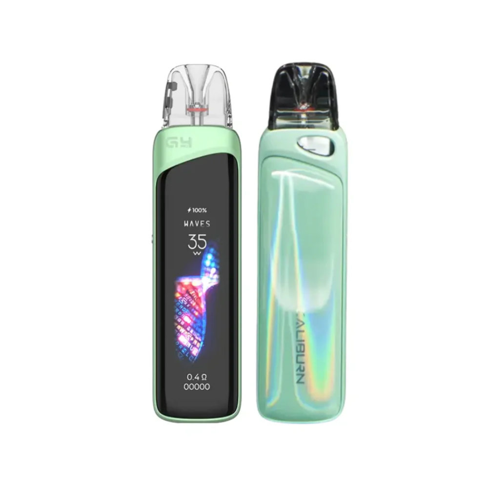 Two green vape devices on a white background