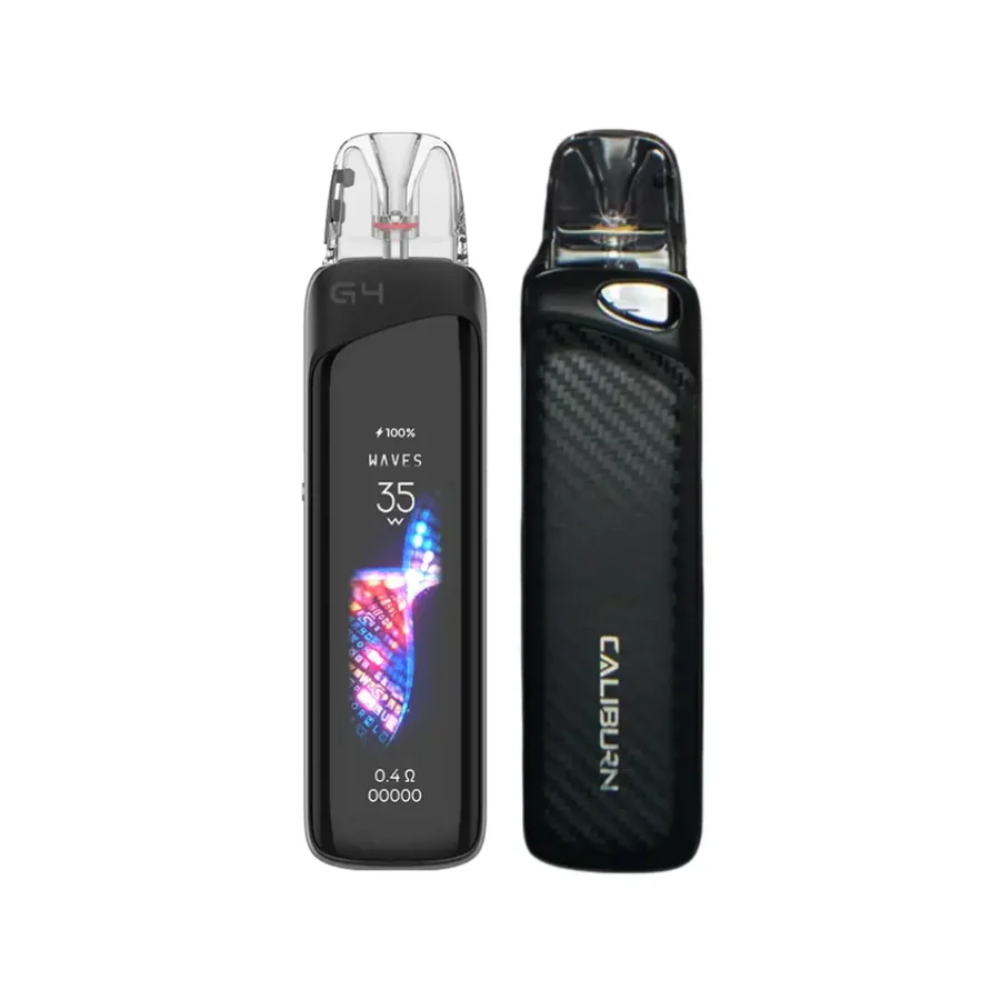Two vaping devices, one with a digital display and the other with 'Caliburn' branding, on a white background.