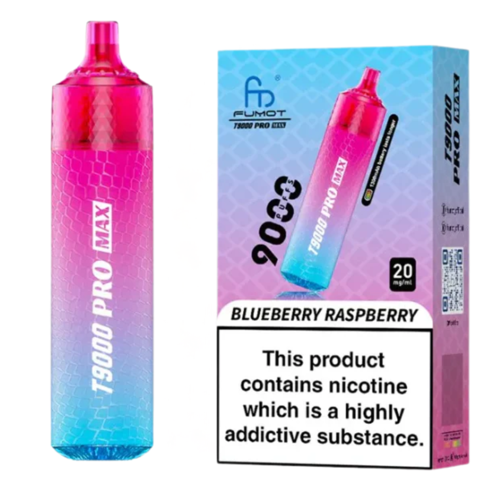 Gradient pink to blue vape device with packaging on a white background