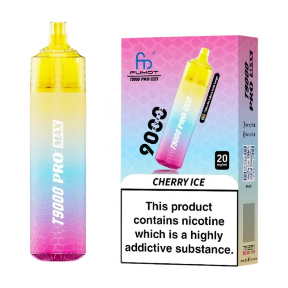 Gradient-colored vape device with packaging labeled 'T9000 Pro Max' and 'Cherry Ice' flavor on a white background.