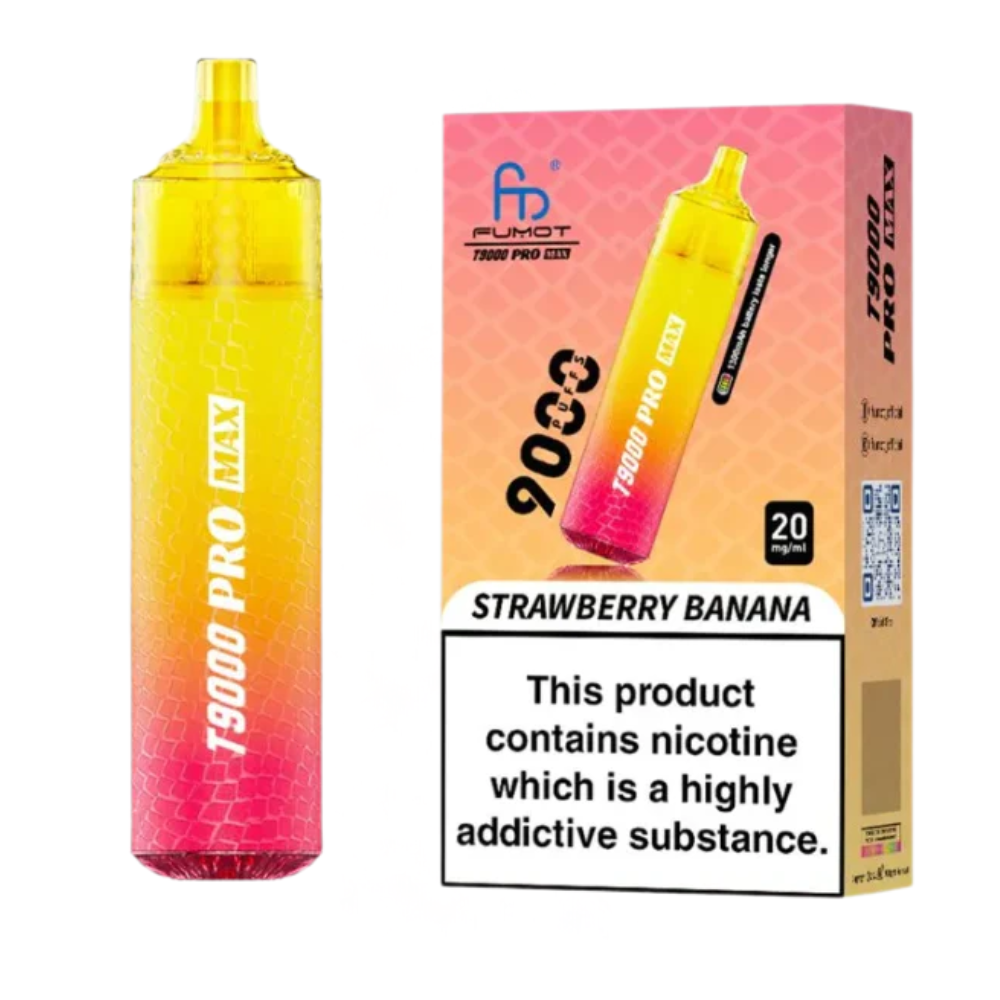 Yellow and pink vape device with 'Fumot' branding and 'Strawberry Banana' flavor on packaging.