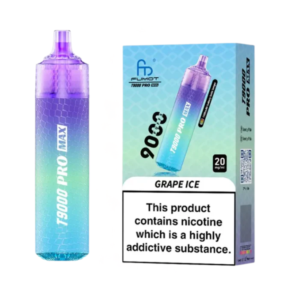 Gradient blue and purple vape device with packaging on a white background
