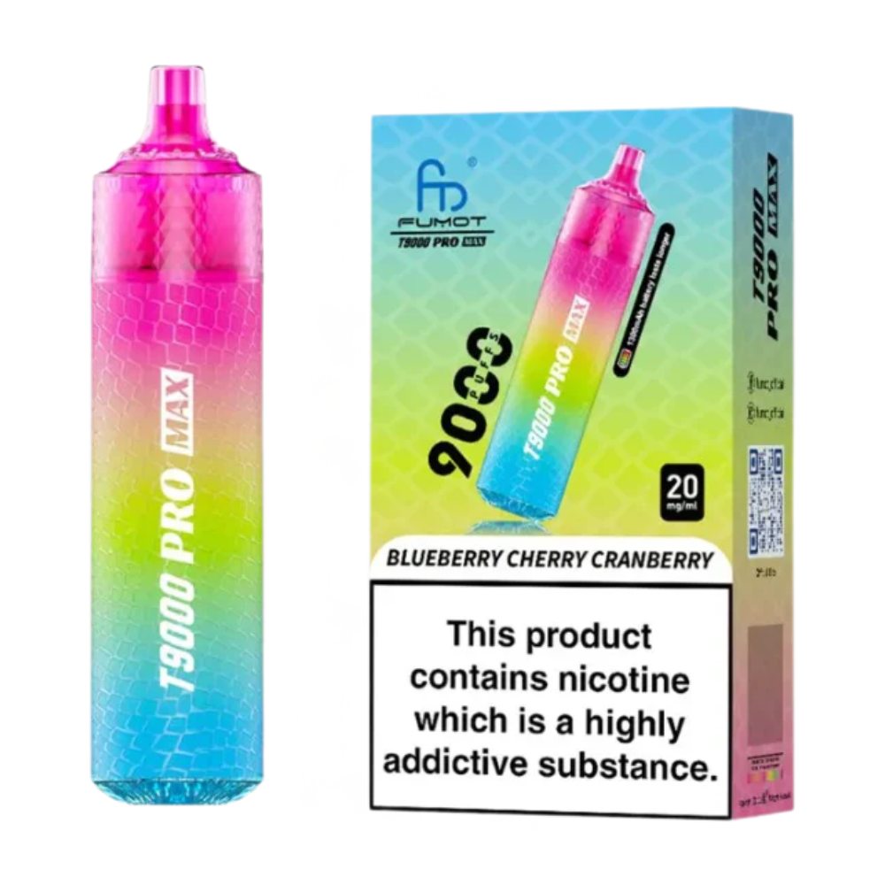 Gradient-colored vape device with packaging displaying 'Fumot' brand on a white background