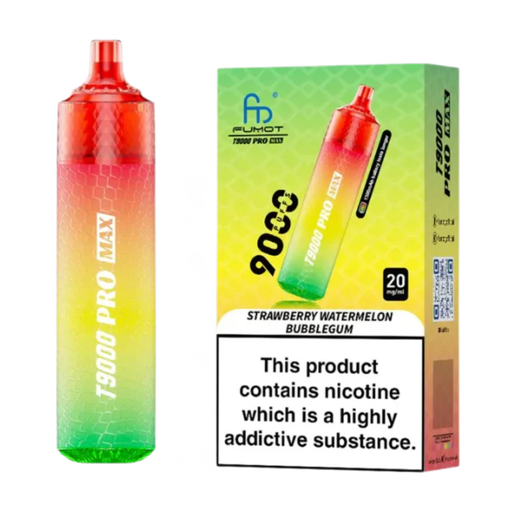 Gradient-colored vape device with packaging displaying 'Fumot' brand on a white background