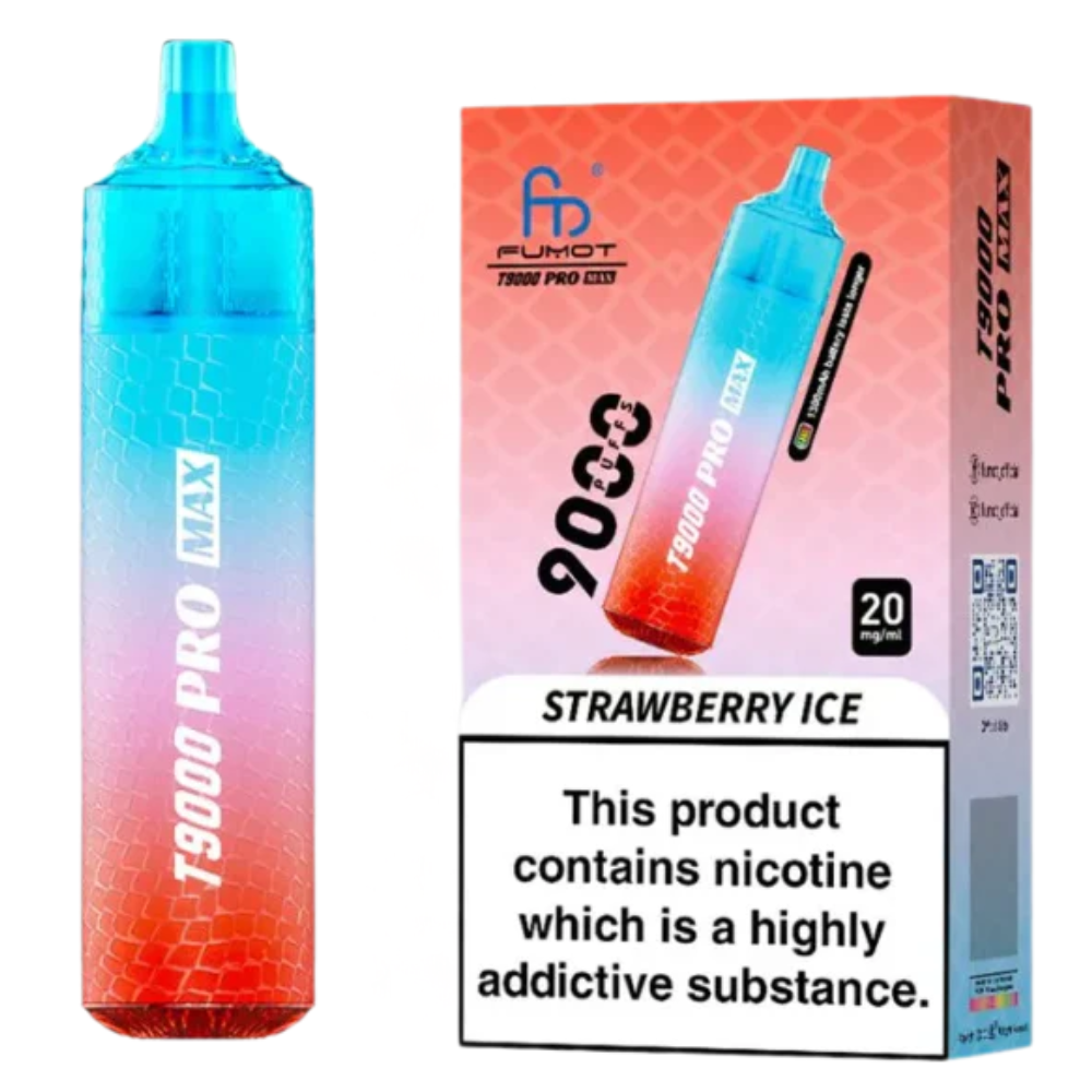 Gradient blue and red vape device with packaging on a white background