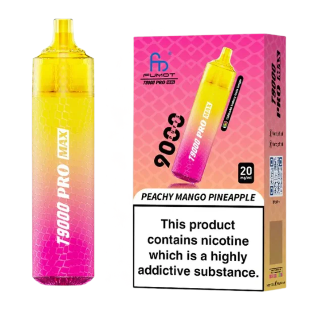 Yellow and pink vape device with packaging on a white background