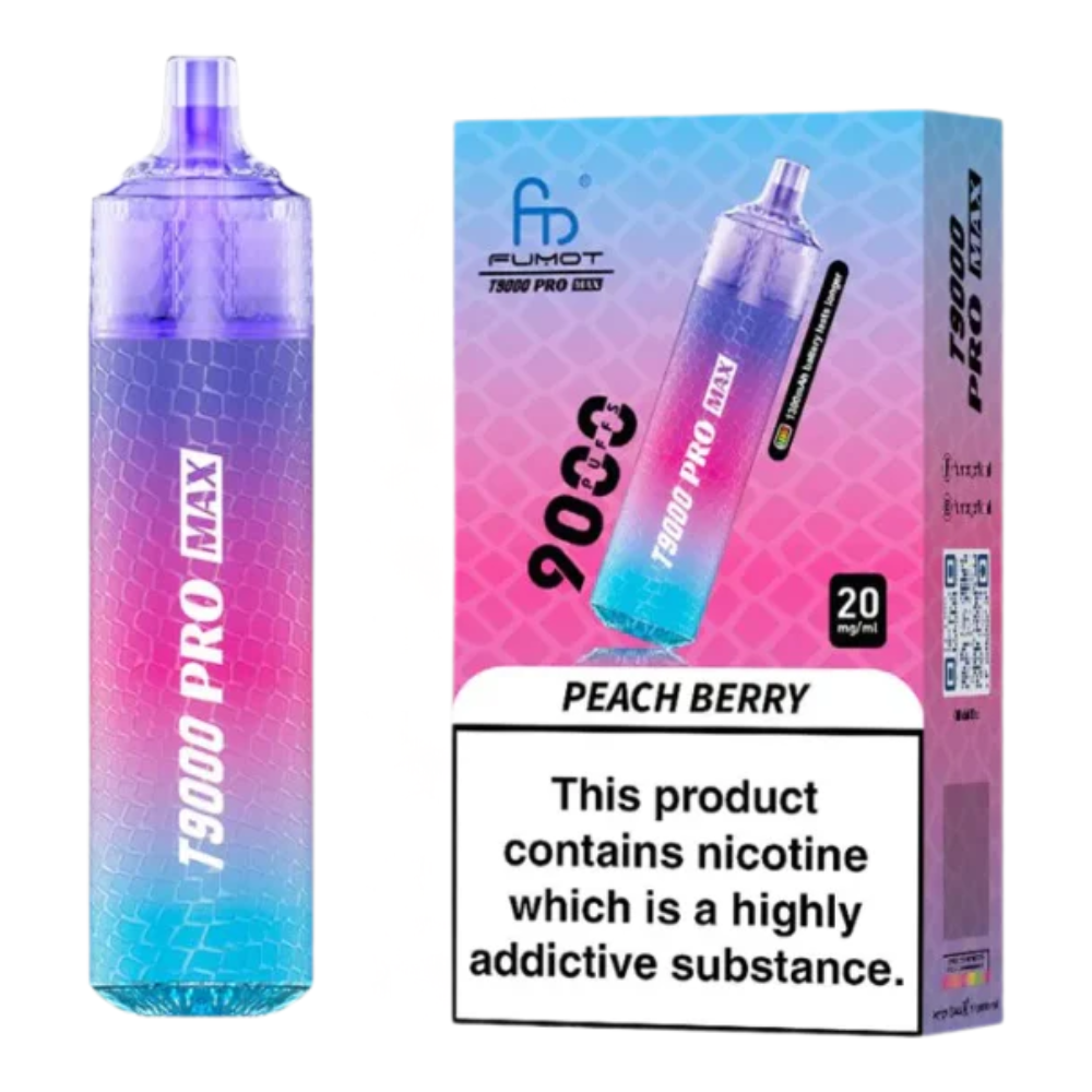 Vape device and packaging with 'Fumot' branding on a white background