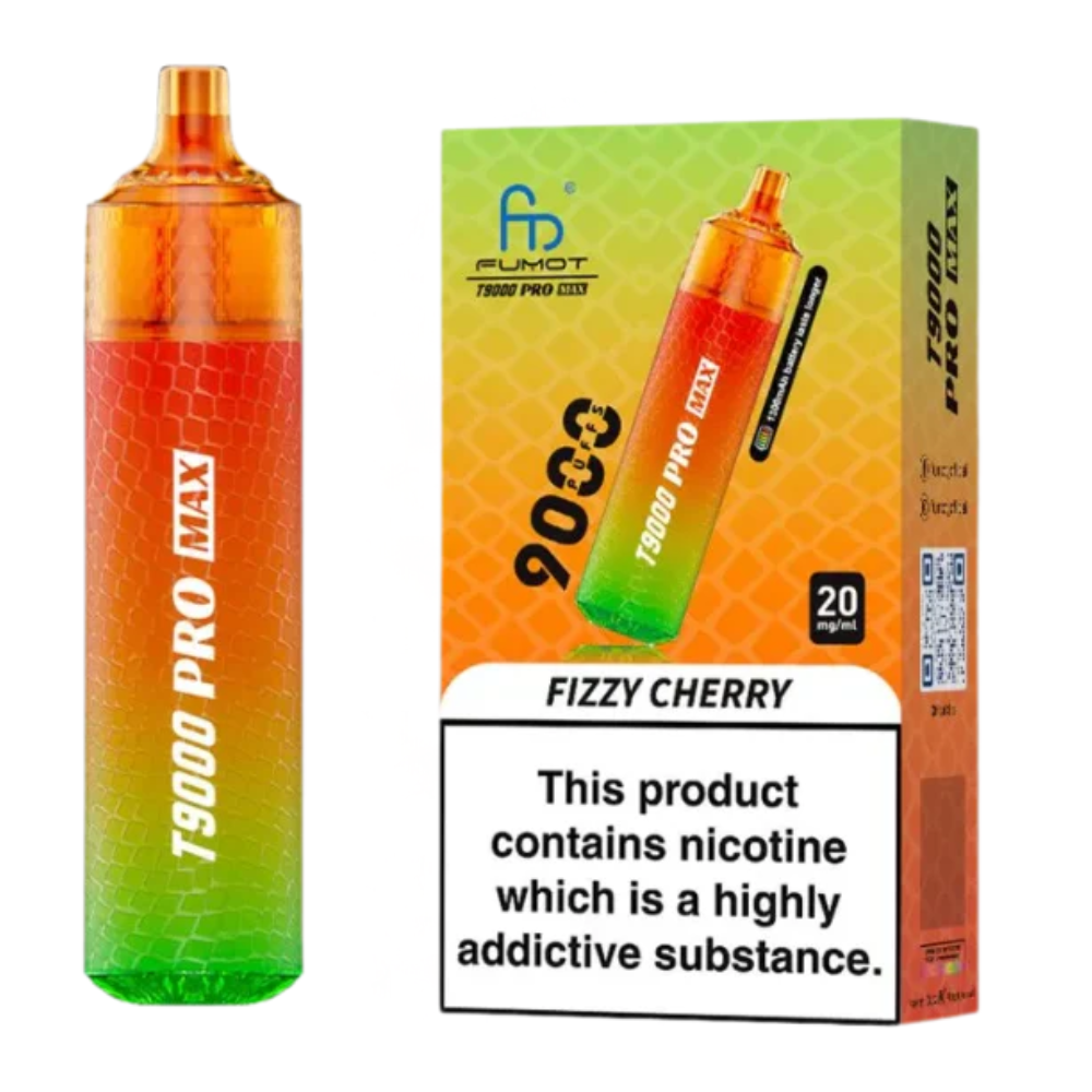 Vape device and packaging with 'Fizzy Cherry' flavor on a white background