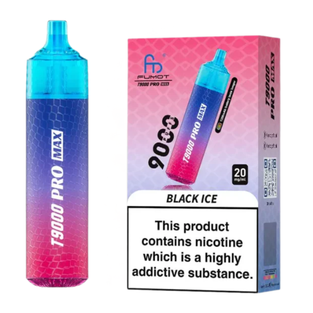 Vape device with gradient design and packaging on a white background