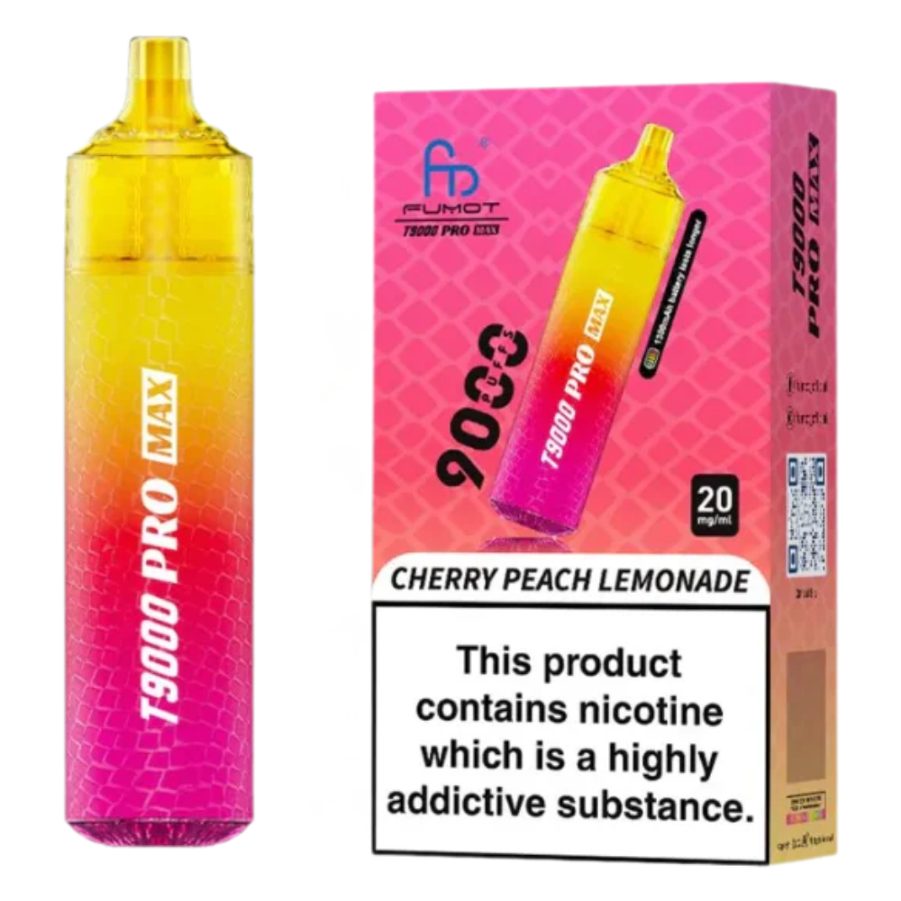 Yellow and pink vape device with packaging on a white background
