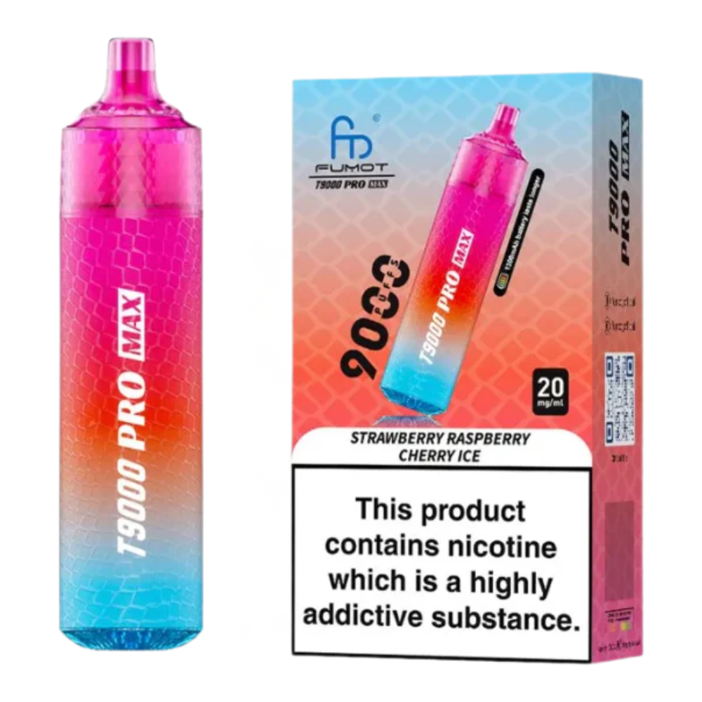 Fumot T9000 Pro Max vape device with strawberry raspberry cherry ice flavor on a white background