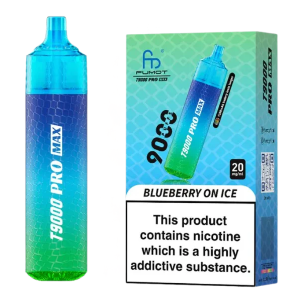 Fumot T9000 Pro Max vape device and packaging with blue and green gradient design.