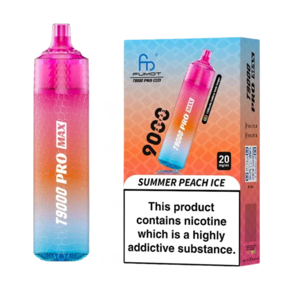 Gradient pink to blue vape device with 'Fumot' branding and packaging on a white background.