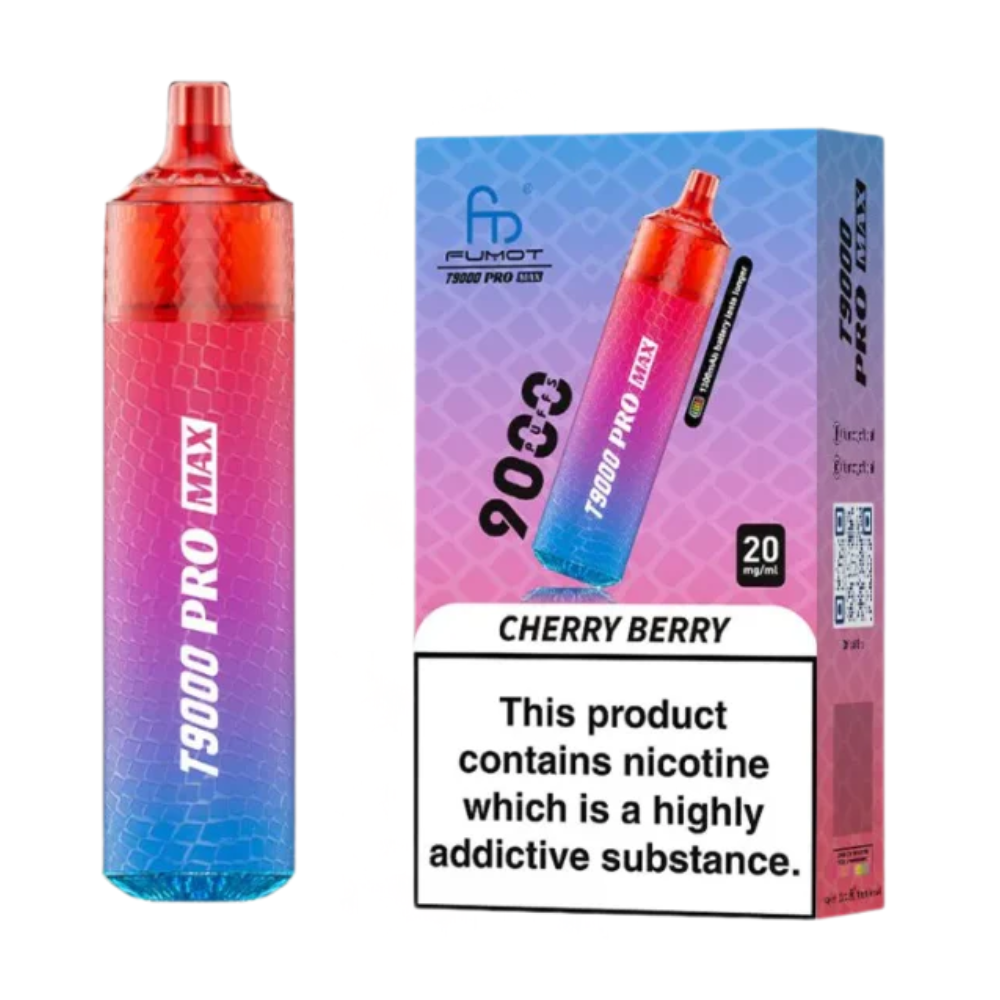 Vape device and packaging with 'T9000 Pro Max' branding on a white background