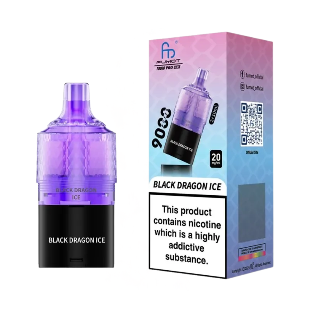 Vape device and packaging with 'Black Dragon Ice' branding on a white background