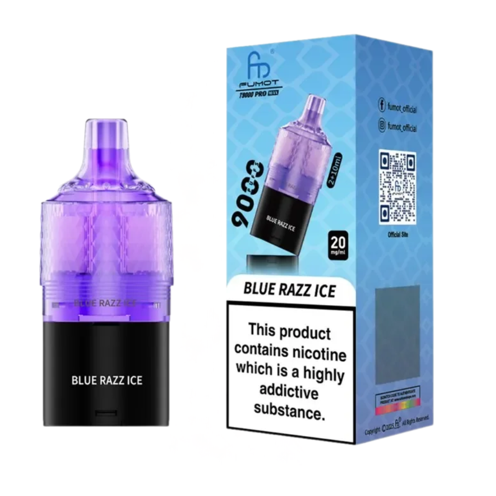 Purple vape device with 'Blue Razz Ice' flavor and packaging on a white background