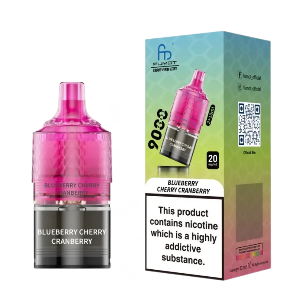 Pink vape device with 'Blueberry Cherry Cranberry' flavor and packaging on a white background