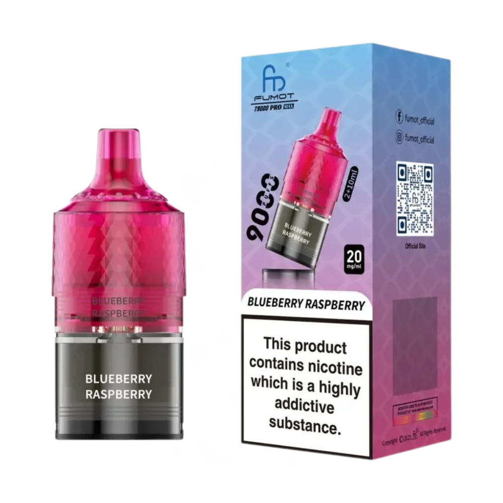 Pink blueberry raspberry vape device with packaging on a white background