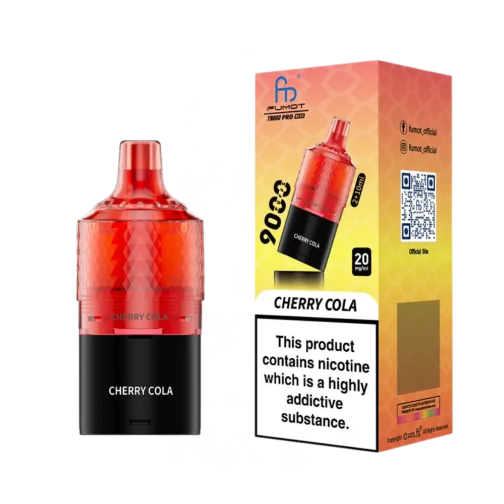 Red and black cherry cola vape device with packaging on a white background