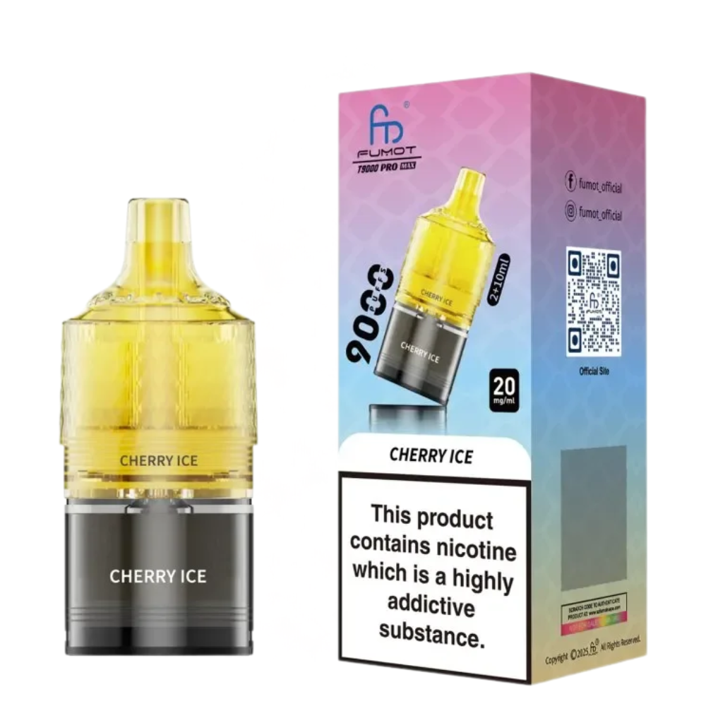 Vape device and packaging with cherry ice flavor on a white background
