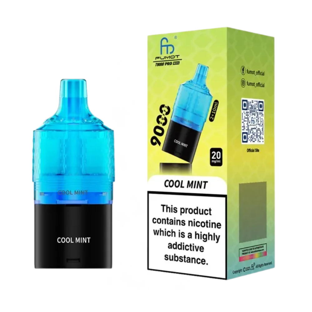 Blue vape device with 'Cool Mint' flavor and packaging on a white background