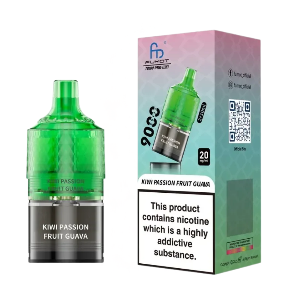 Green vape device with 'Fumot' branding and packaging on a white background