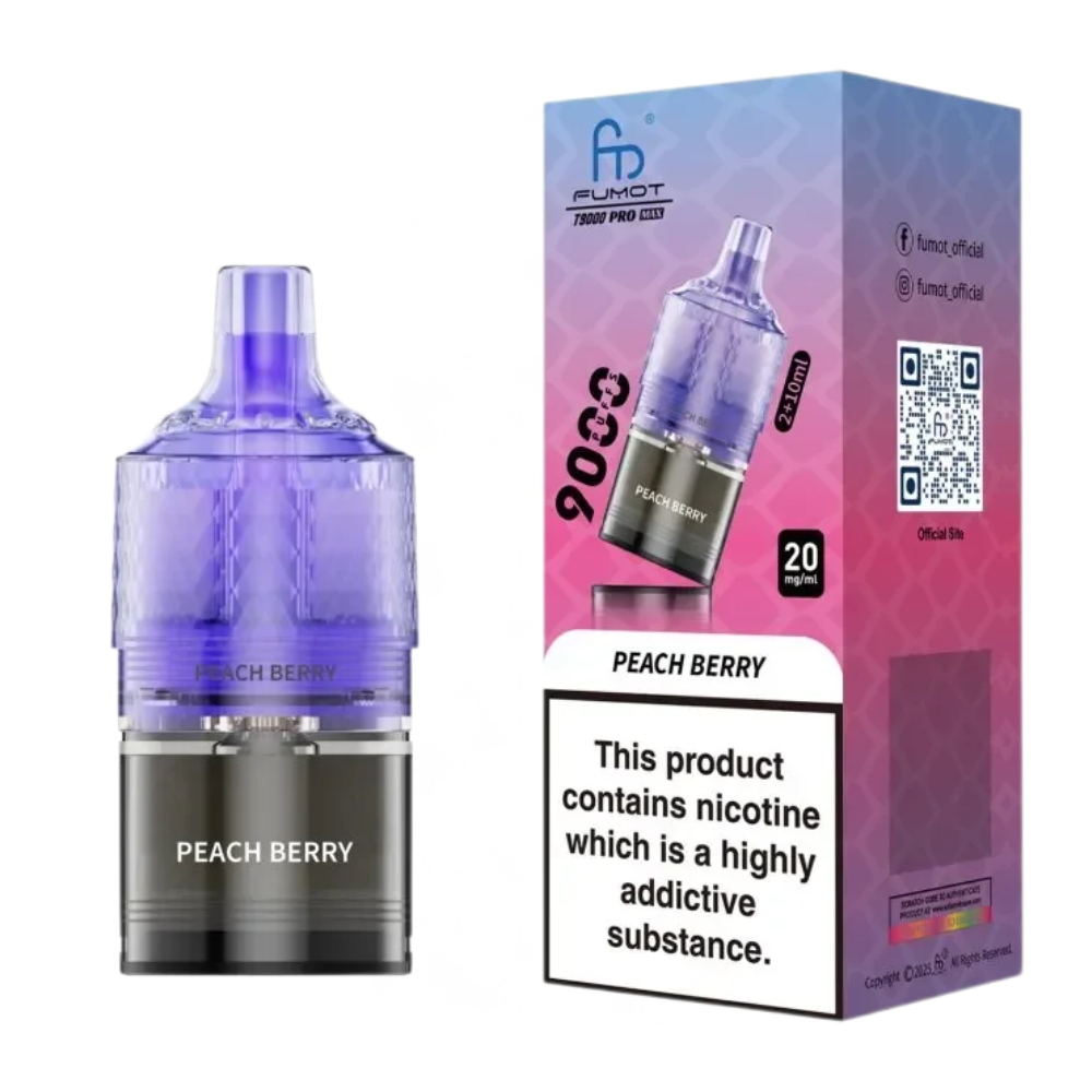 Vape device and packaging with 'Peach Berry' flavor on a white background