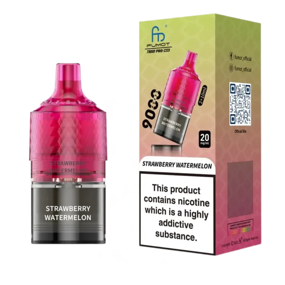 Pink diamond-patterned vape device with 'Fumot' branding and a QR code on a white background.