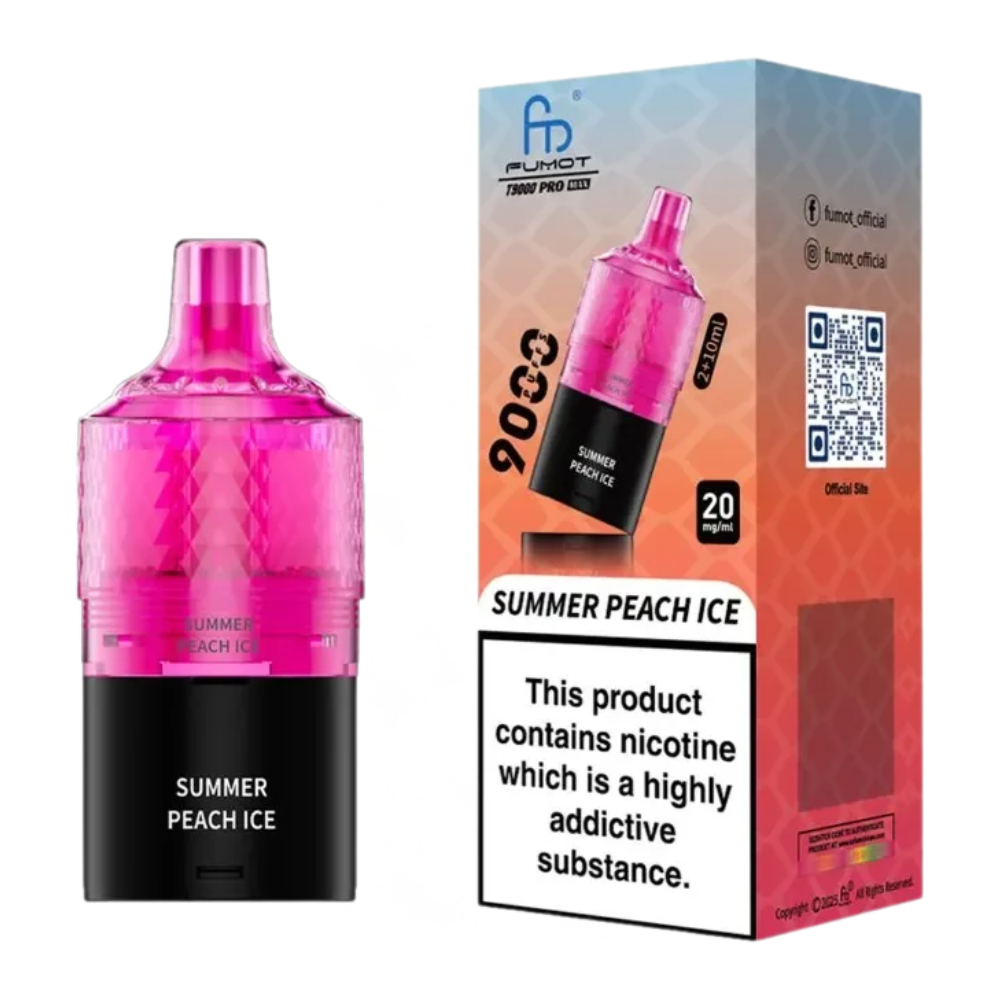 Pink and black vape device with 'Summer Peach Ice' flavor on a white background
