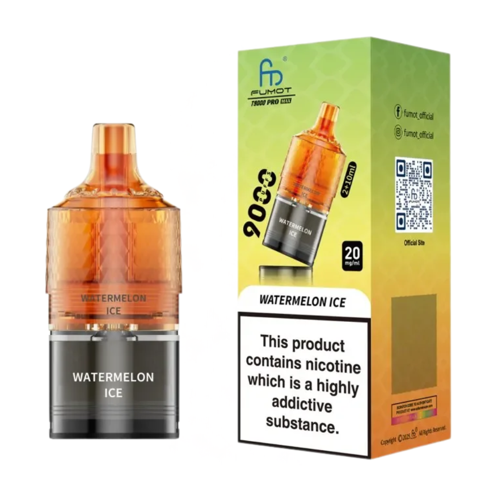 Vape device and packaging with 'Flumot' branding on a white background