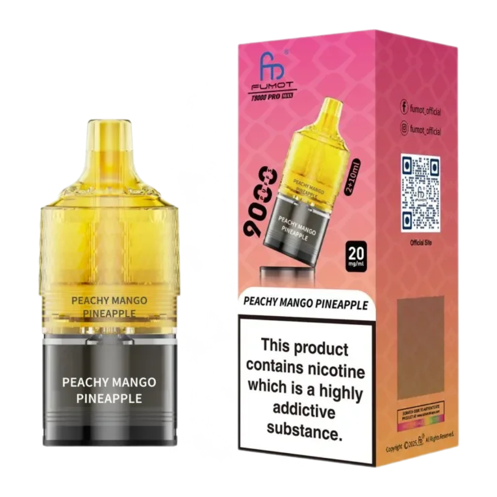 Peachy Mango Pineapple vape juice packaging with pink background and Fumot branding.