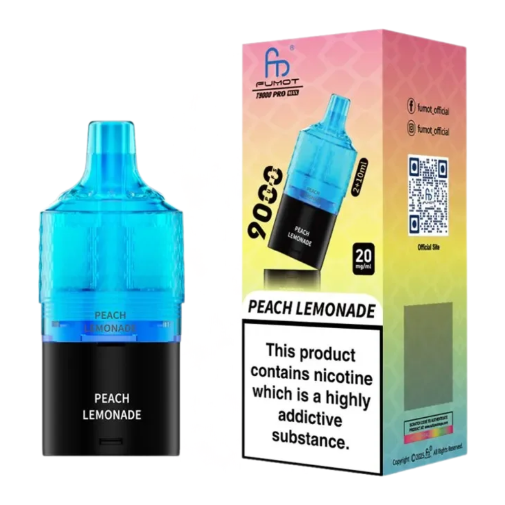 Peach Lemonade vape juice bottle with blue and black design, next to its packaging on a white background.