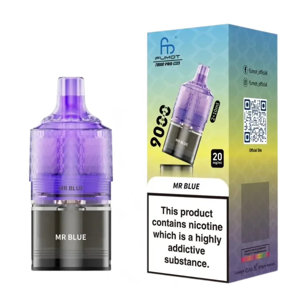 Purple vape device with 'MR BLUE' branding on a white background