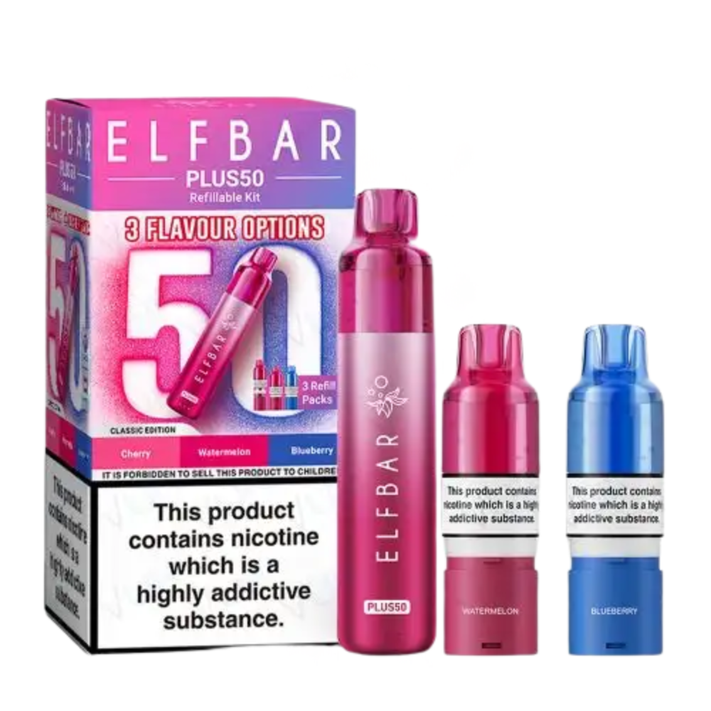 Elf Bar Plus50 vaping device and packaging on a white background