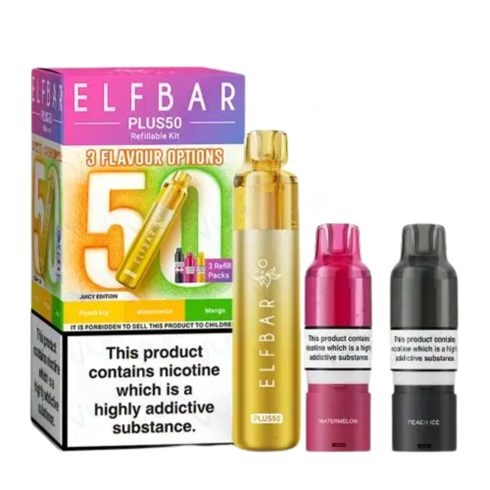 Elf Bar vaping device and packaging on a white background