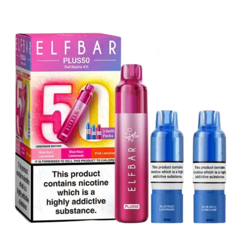 Elf Bar Plus50 vaping device and packaging on a white background