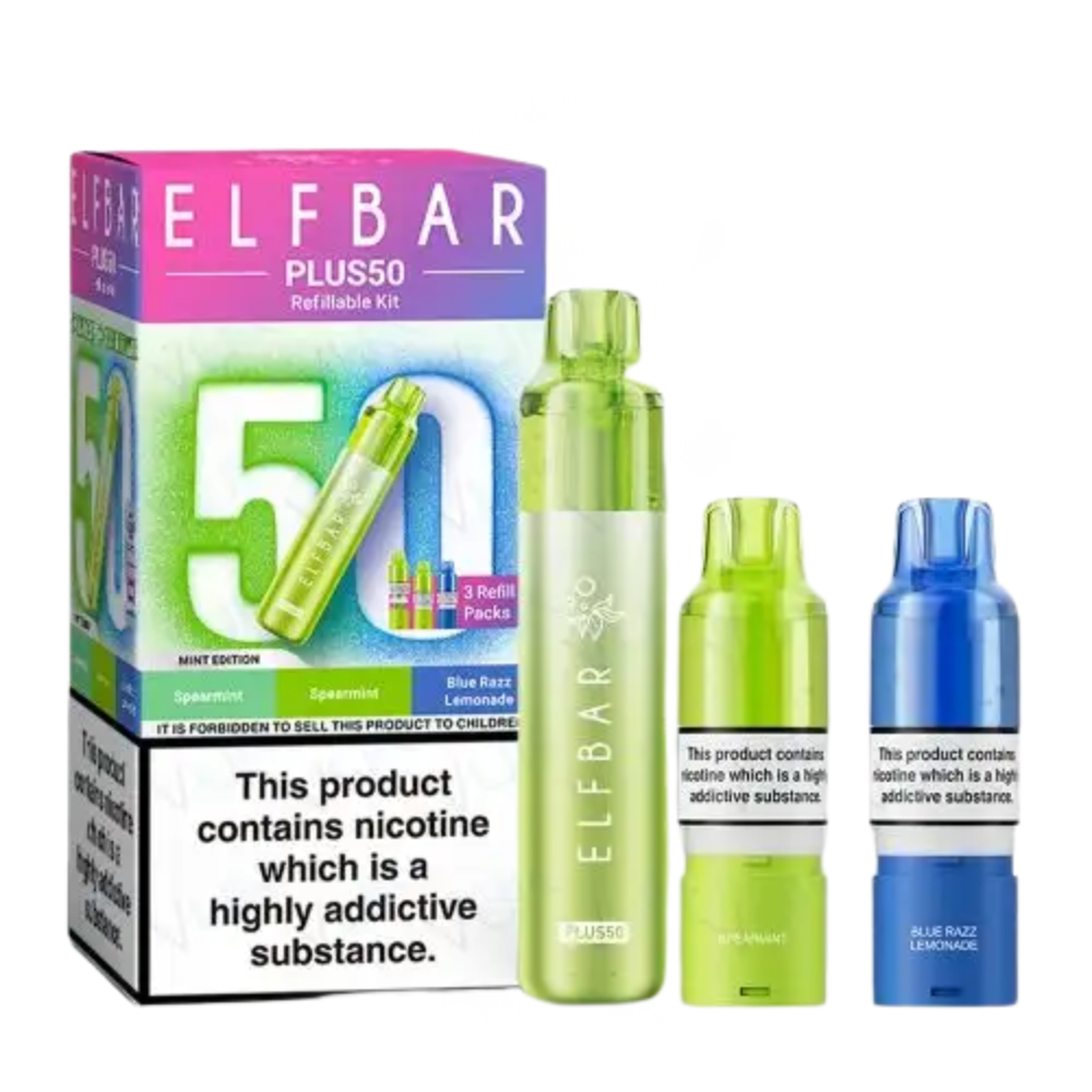 Elf Bar Plus50 vape device and packaging on a white background