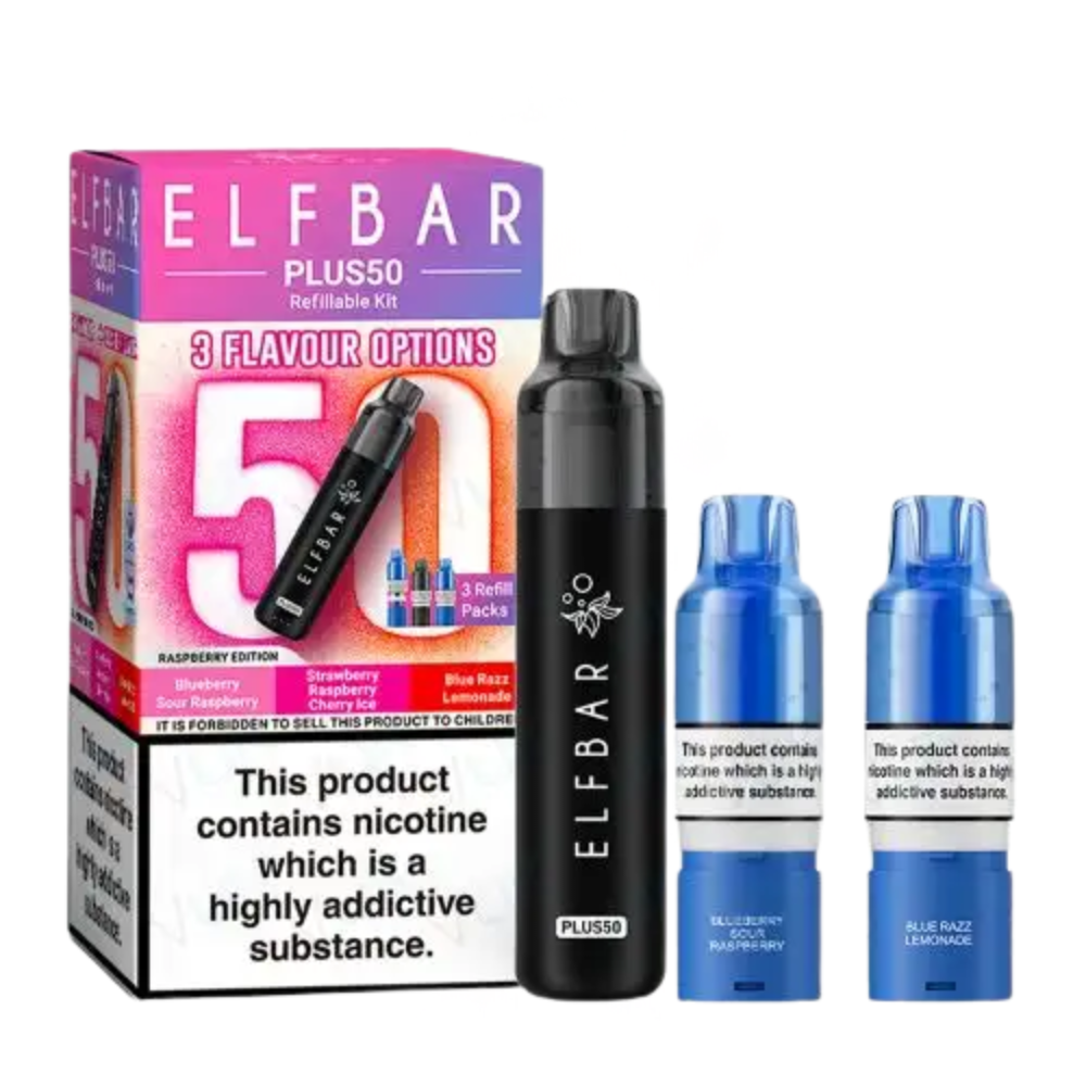 Elf Bar Plus50 vaping kit with packaging and nicotine warning label on a white background