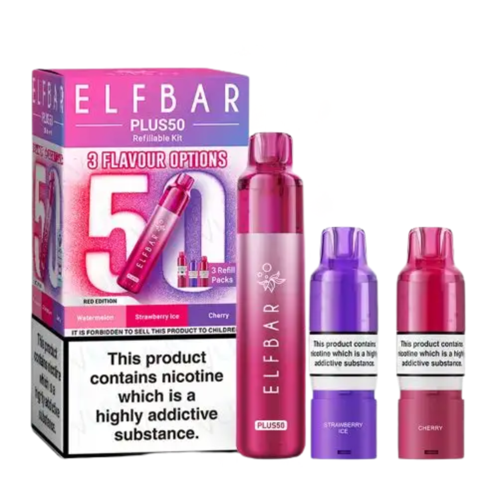 Elf Bar Plus50 vaping device and packaging on a white background