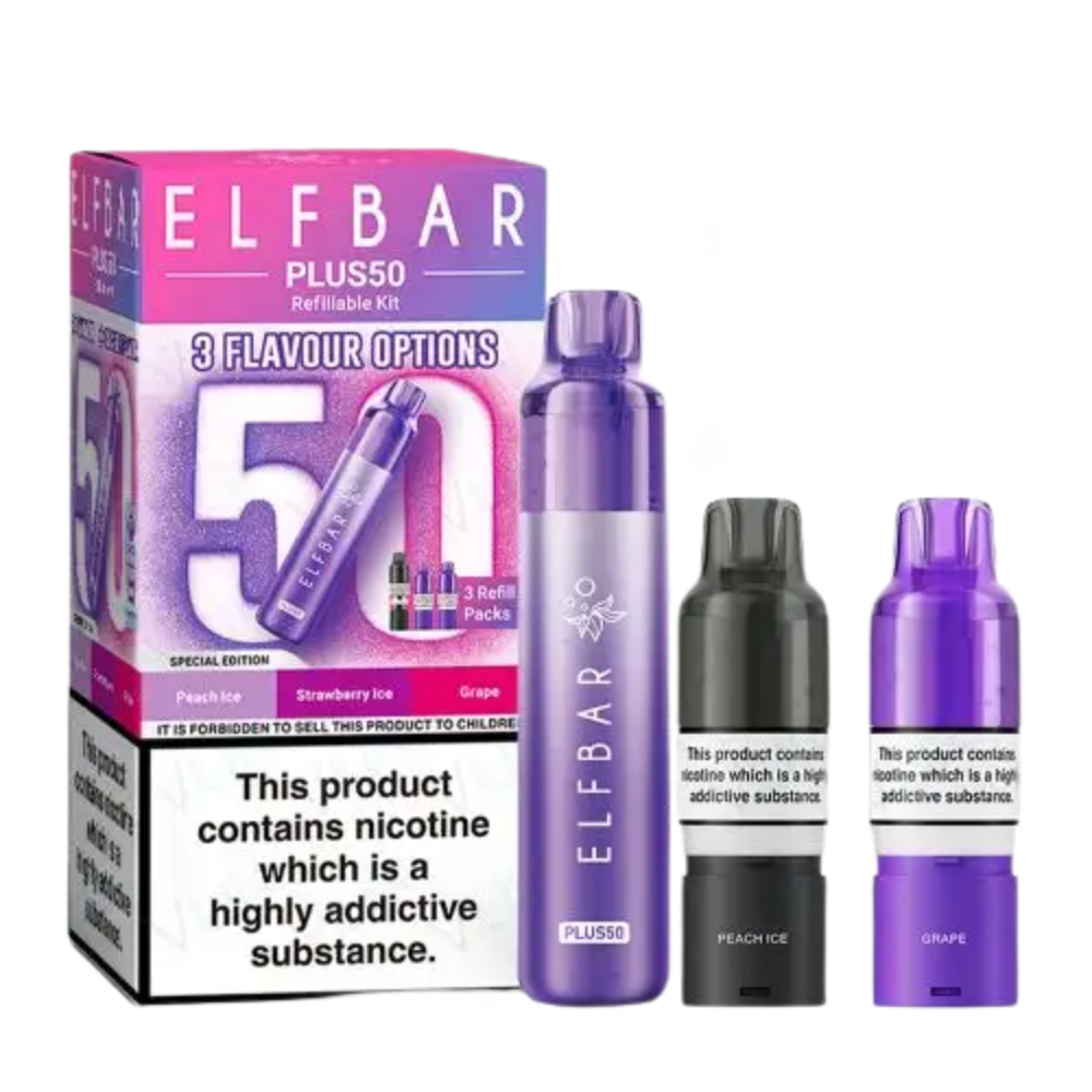 Elf Bar Plus50 vaping device and packaging on a white background