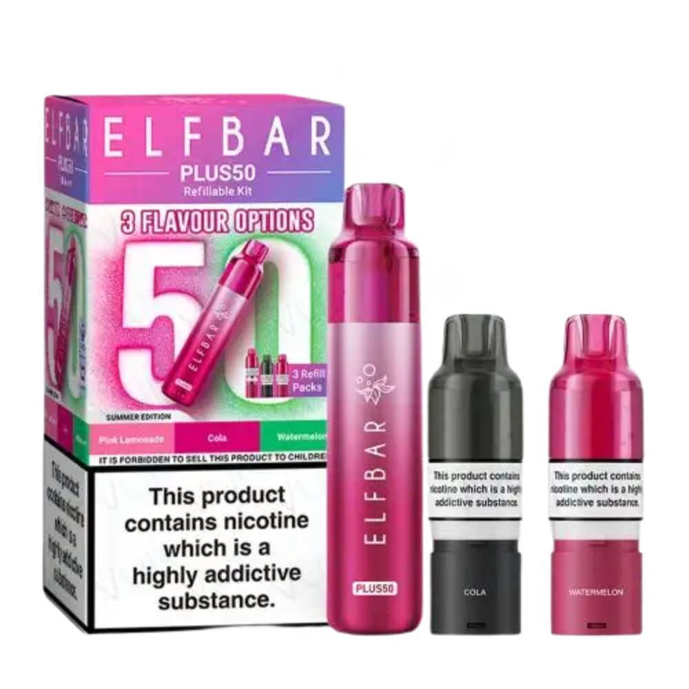 Elf Bar Plus50 vaping device and packaging on a white background